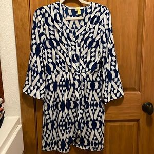 Blue/ white print faux wrap dress
